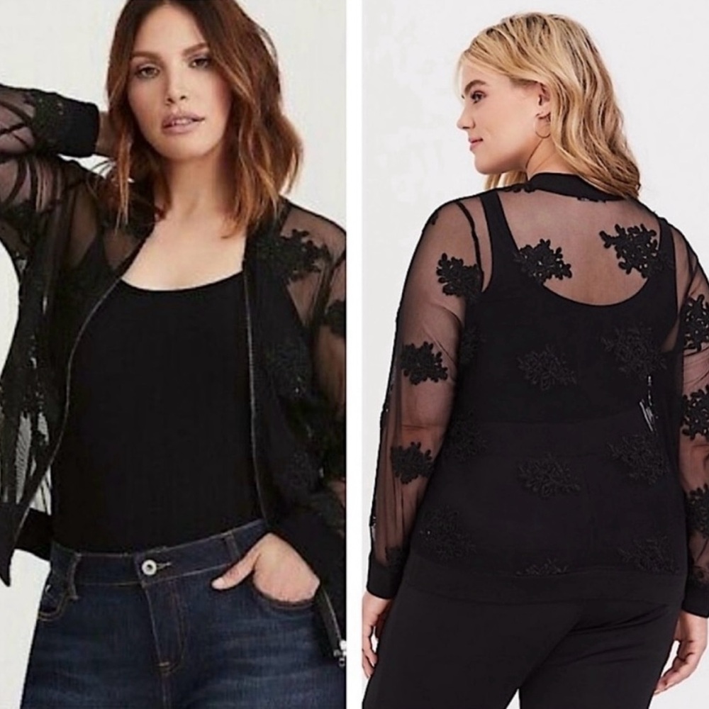 Torrid Black Embroidered Mesh Bomber Jacket